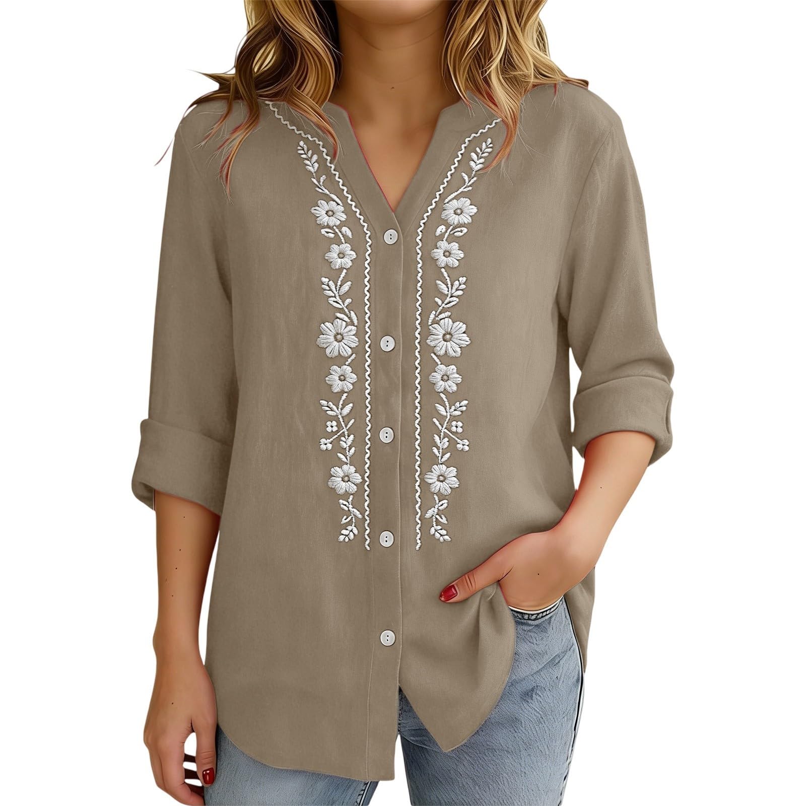 Linen Shirts for Women - Summer Plus Size Embroidered Tops 3/4 Sleeve V Neck Button Blouses Beach Vacation Clothes