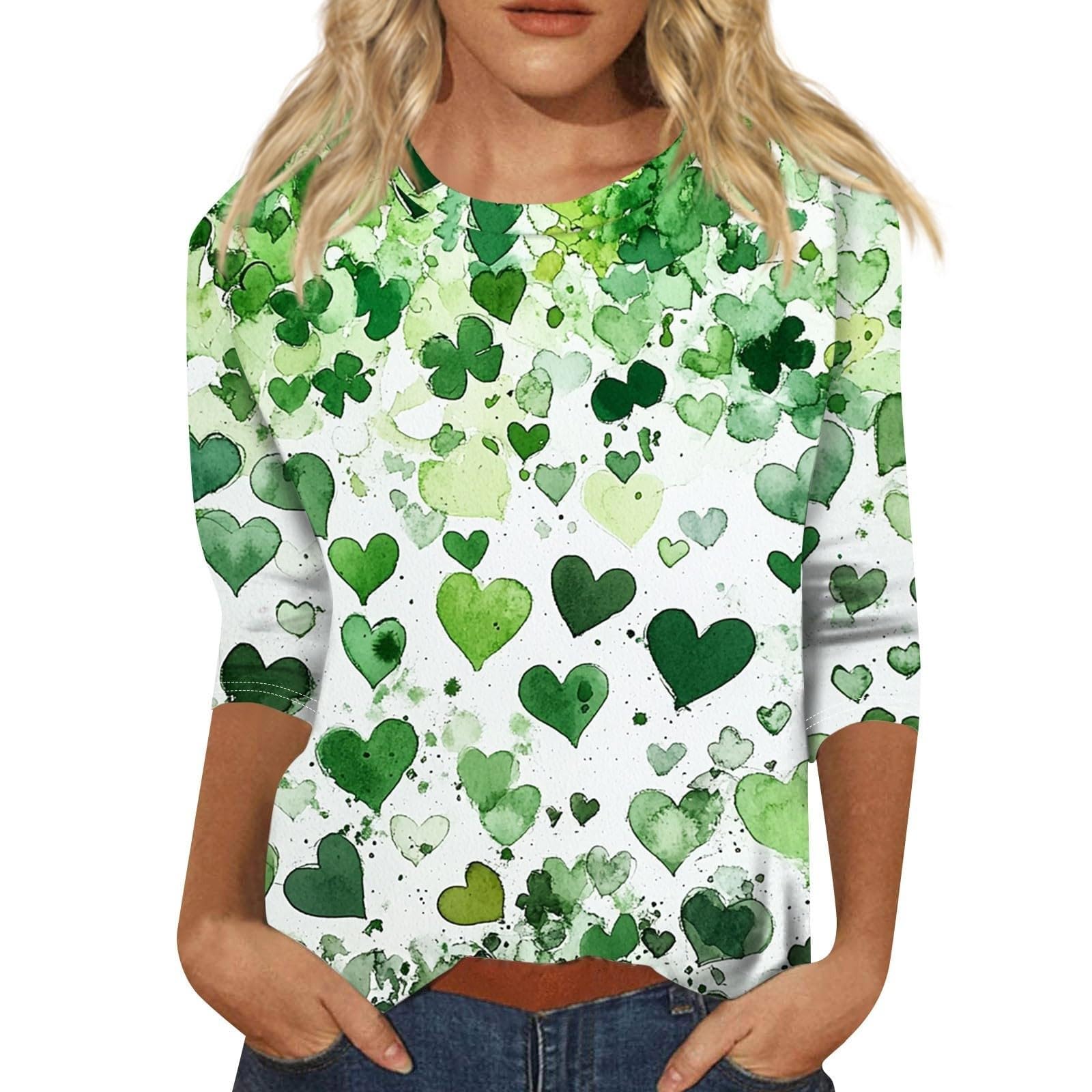 St Patricks Day Shirt Women 2025 Casual Plus Size 3/4 Sleeve Irish Clover Shirts Funny Saint Patrick's Tunic Tops