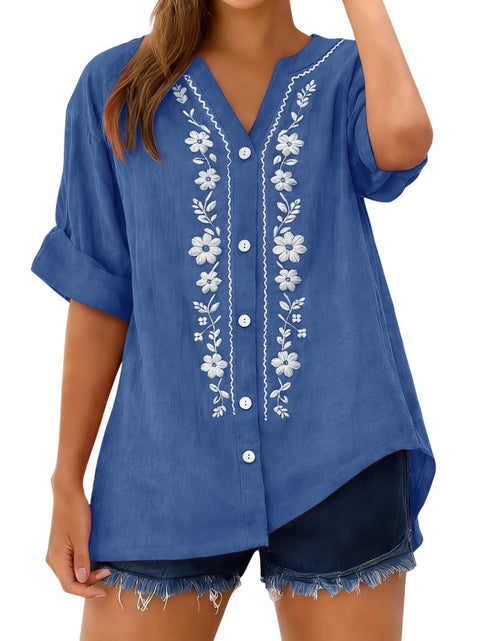 Load image into Gallery viewer, Linen Shirts for Women - Summer Plus Size Embroidered Tops 3/4 Sleeve V Neck Button Blouses Beach Vacation Clothes
