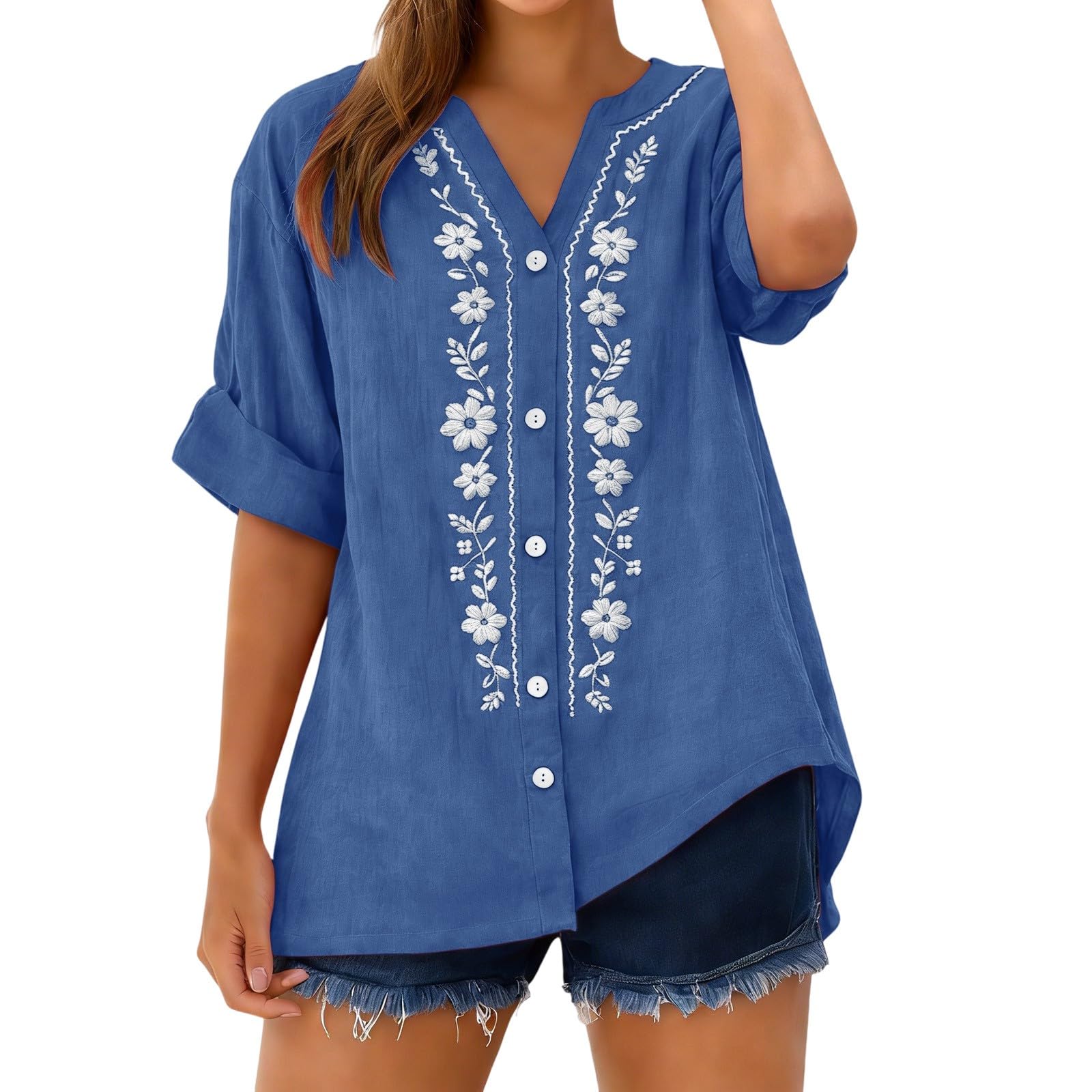 Linen Shirts for Women - Summer Plus Size Embroidered Tops 3/4 Sleeve V Neck Button Blouses Beach Vacation Clothes