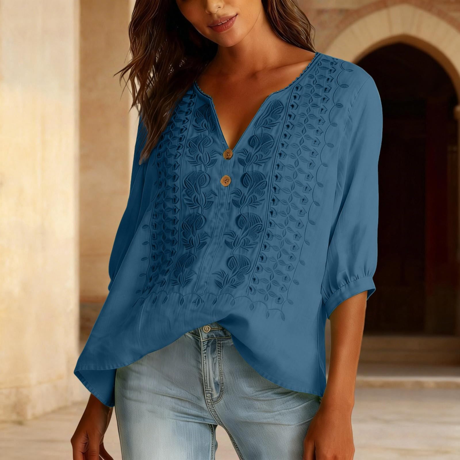 Embroidered Linen Shirts for Women 3/4 Sleeve Gauze V Neck Blouses Tops Casual Spring Summer Boho Cotton Clothes