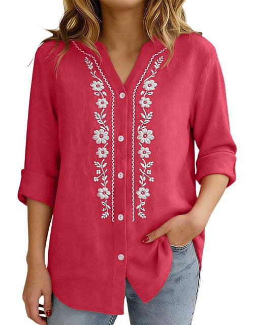 Load image into Gallery viewer, Linen Shirts for Women - Summer Plus Size Embroidered Tops 3/4 Sleeve V Neck Button Blouses Beach Vacation Clothes
