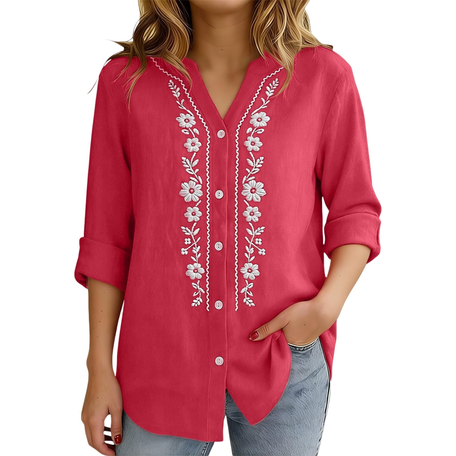Linen Shirts for Women - Summer Plus Size Embroidered Tops 3/4 Sleeve V Neck Button Blouses Beach Vacation Clothes