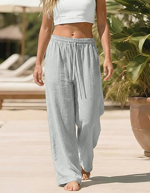 Load image into Gallery viewer, Linen Pants for Women - Wide Leg Elastic High Waist Casual Cotton Linen Pants Drawstring Plus Size Loose Trouser
