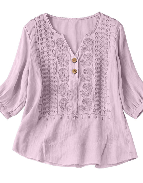 Load image into Gallery viewer, Embroidered Linen Shirts for Women 3/4 Sleeve Gauze V Neck Blouses Tops Casual Spring Summer Boho Cotton Clothes
