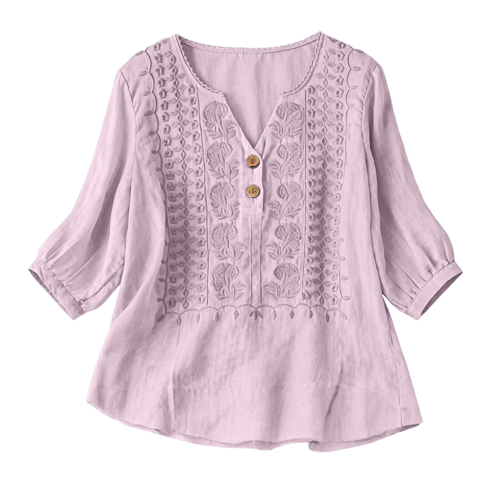 Embroidered Linen Shirts for Women 3/4 Sleeve Gauze V Neck Blouses Tops Casual Spring Summer Boho Cotton Clothes