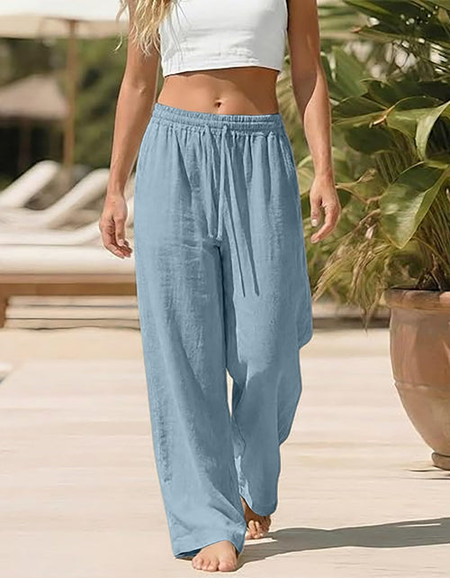 Load image into Gallery viewer, Linen Pants for Women - Wide Leg Elastic High Waist Casual Cotton Linen Pants Drawstring Plus Size Loose Trouser
