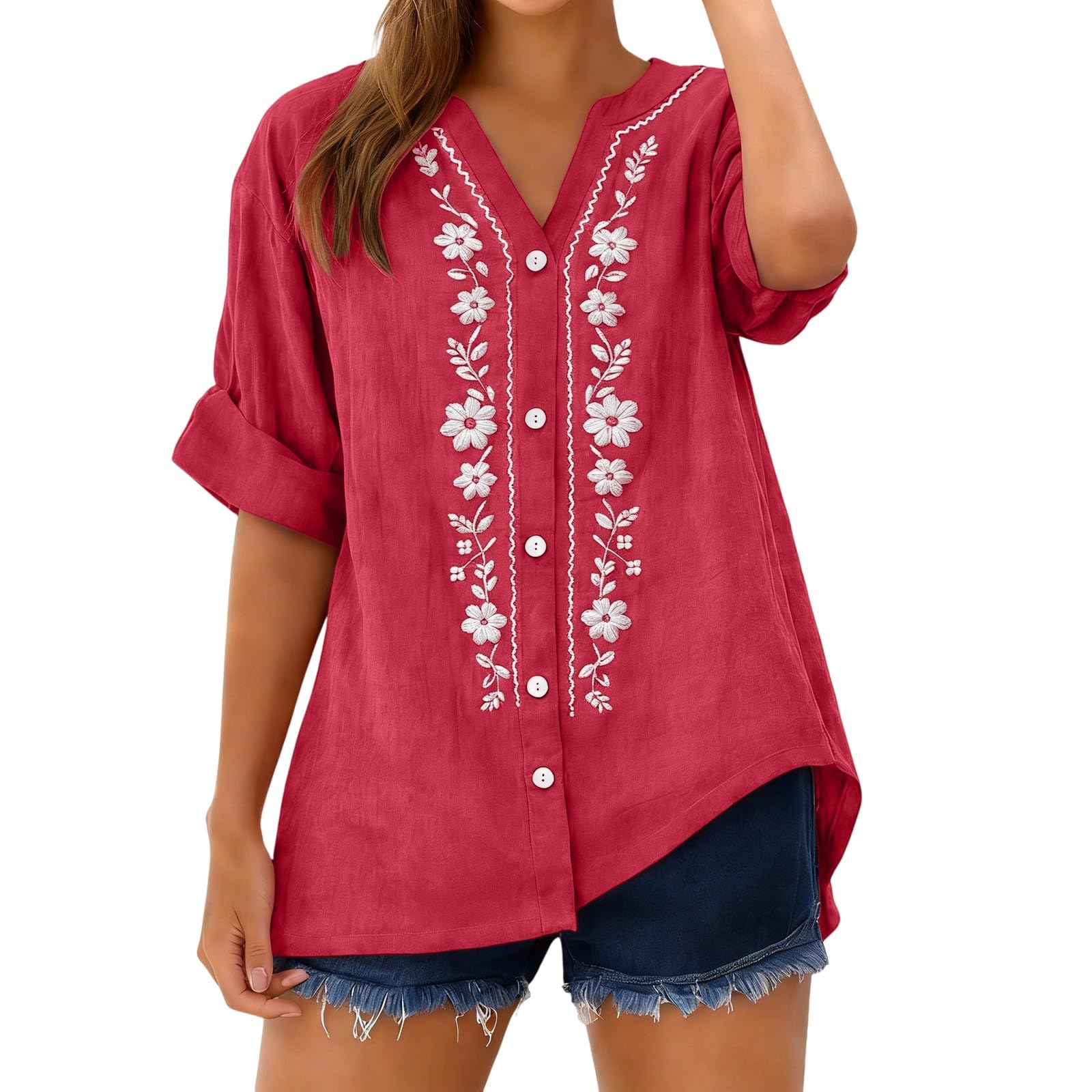 Linen Shirts for Women - Summer Plus Size Embroidered Tops 3/4 Sleeve V Neck Button Blouses Beach Vacation Clothes