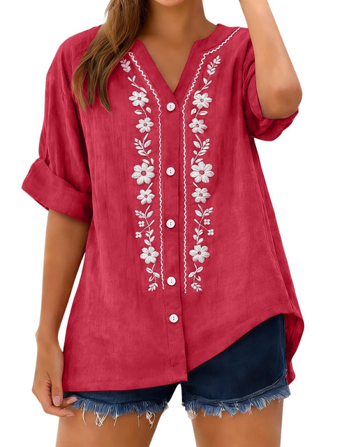 Load image into Gallery viewer, Linen Shirts for Women - Summer Plus Size Embroidered Tops 3/4 Sleeve V Neck Button Blouses Beach Vacation Clothes
