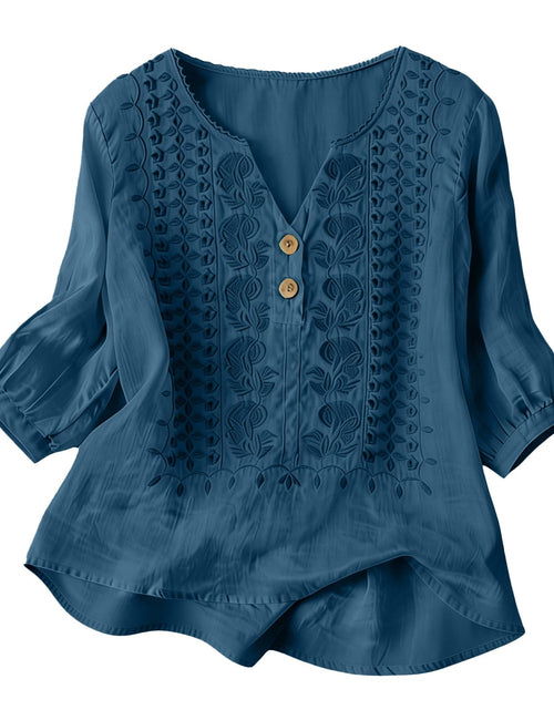 Load image into Gallery viewer, Embroidered Linen Shirts for Women 3/4 Sleeve Gauze V Neck Blouses Tops Casual Spring Summer Boho Cotton Clothes
