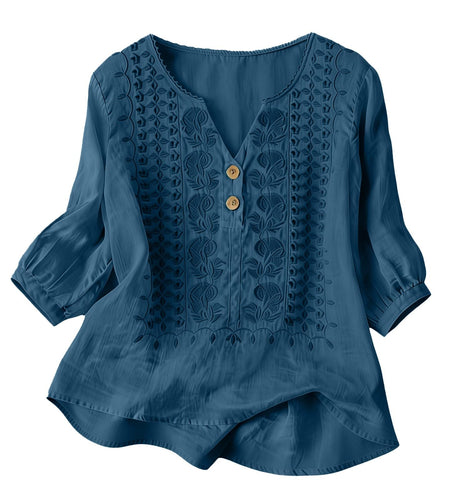 Embroidered Linen Shirts for Women 3/4 Sleeve Gauze V Neck Blouses Tops Casual Spring Summer Boho Cotton Clothes
