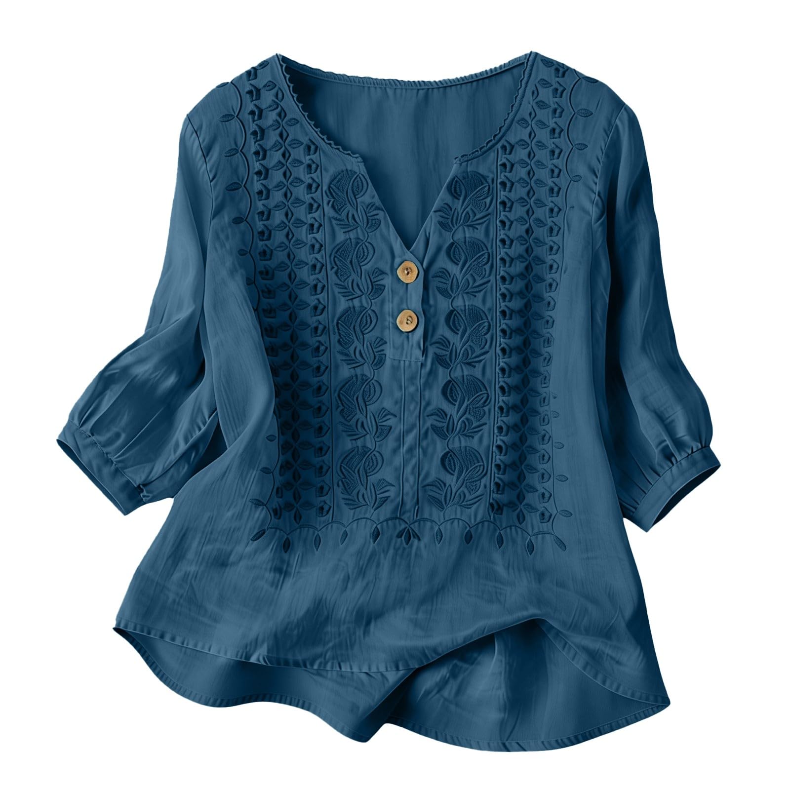 Embroidered Linen Shirts for Women 3/4 Sleeve Gauze V Neck Blouses Tops Casual Spring Summer Boho Cotton Clothes