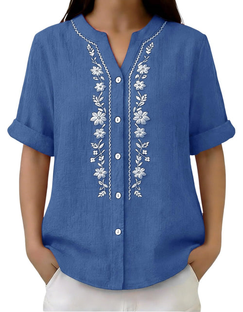 Load image into Gallery viewer, Linen Shirts for Women - Summer Plus Size Embroidered Tops 3/4 Sleeve V Neck Button Blouses Beach Vacation Clothes

