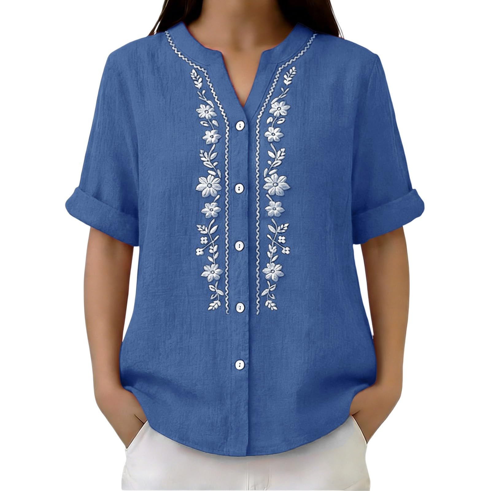 Linen Shirts for Women - Summer Plus Size Embroidered Tops 3/4 Sleeve V Neck Button Blouses Beach Vacation Clothes