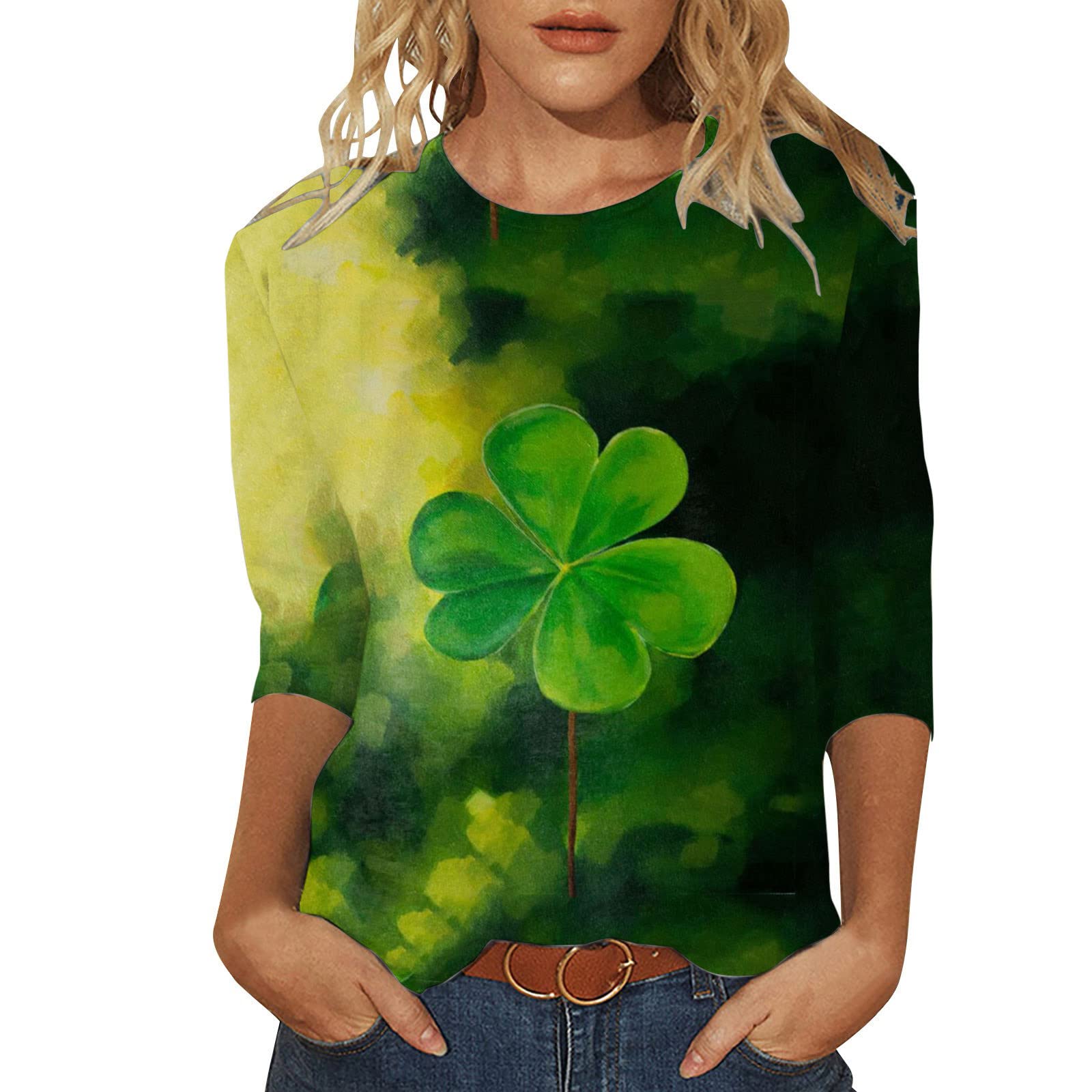 St Patricks Day Shirt Women 2025 Casual Plus Size 3/4 Sleeve Irish Clover Shirts Funny Saint Patrick's Tunic Tops