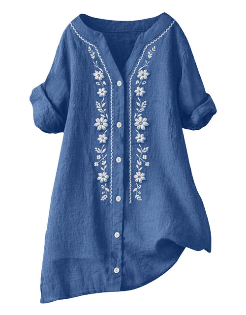 Load image into Gallery viewer, Linen Shirts for Women - Summer Plus Size Embroidered Tops 3/4 Sleeve V Neck Button Blouses Beach Vacation Clothes
