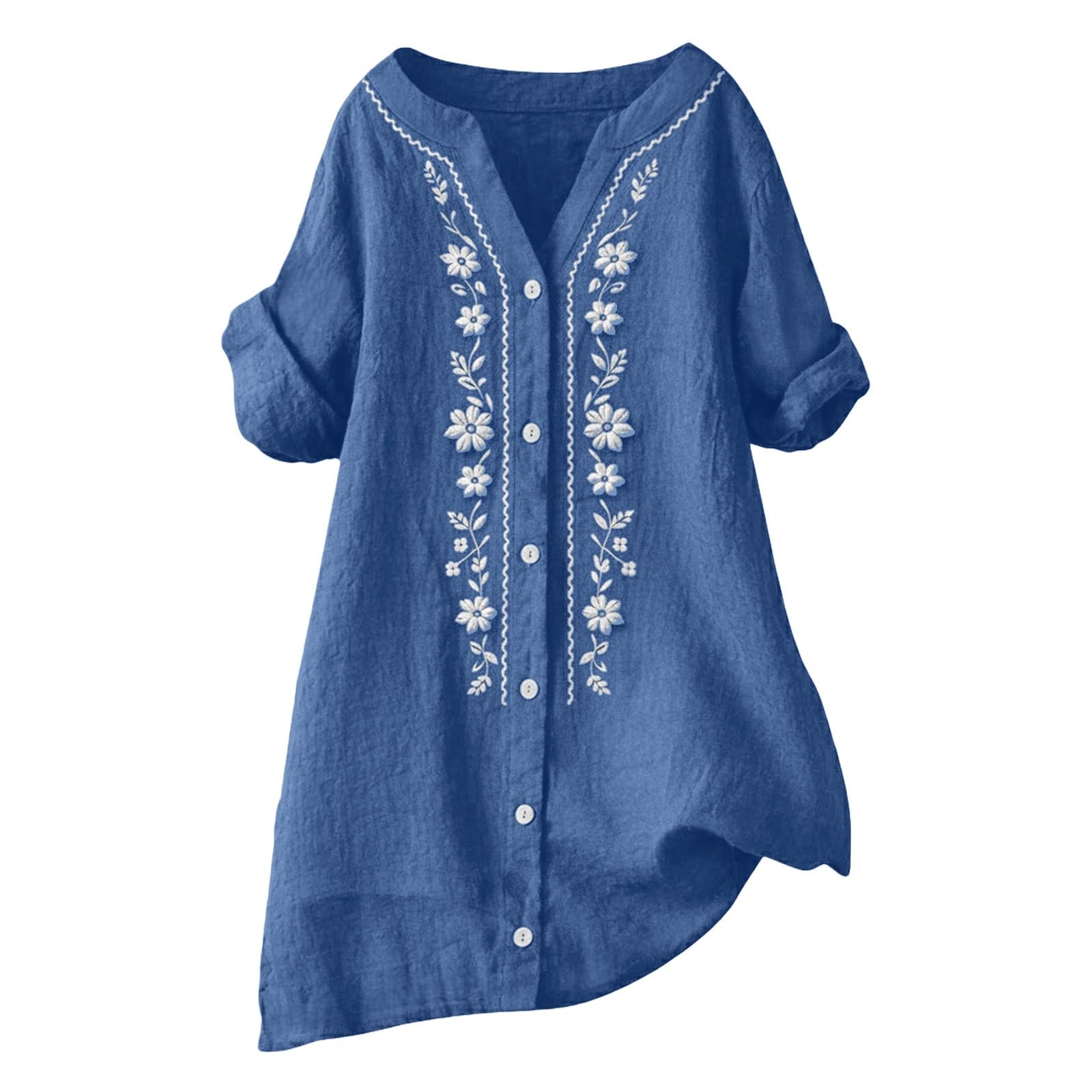Linen Shirts for Women - Summer Plus Size Embroidered Tops 3/4 Sleeve V Neck Button Blouses Beach Vacation Clothes