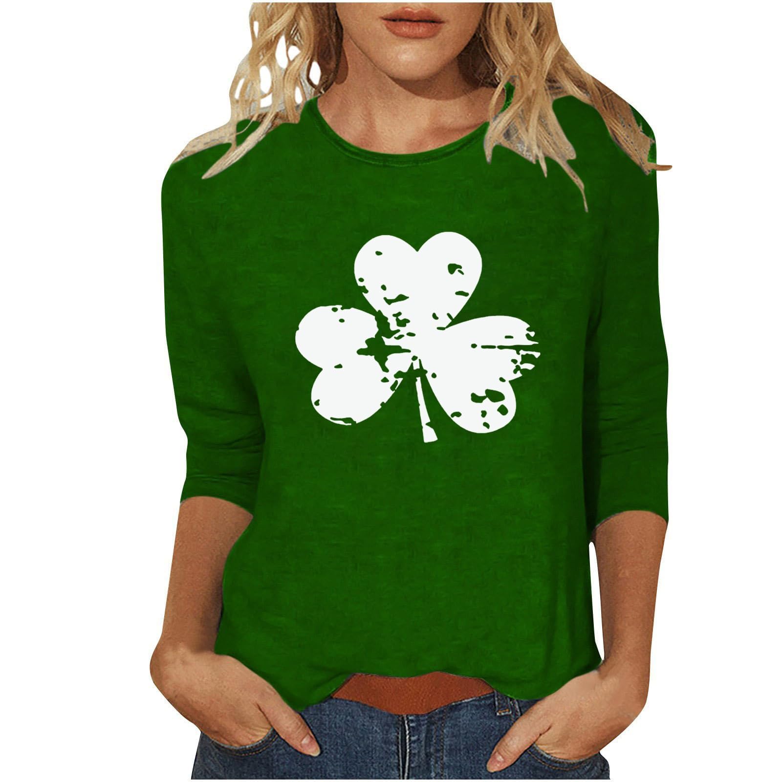 St Patricks Day Shirt Women 2025 Casual Plus Size 3/4 Sleeve Irish Clover Shirts Funny Saint Patrick's Tunic Tops
