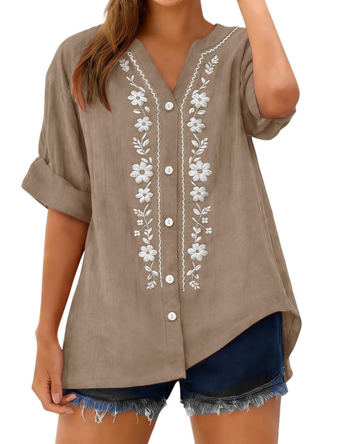 Load image into Gallery viewer, Linen Shirts for Women - Summer Plus Size Embroidered Tops 3/4 Sleeve V Neck Button Blouses Beach Vacation Clothes
