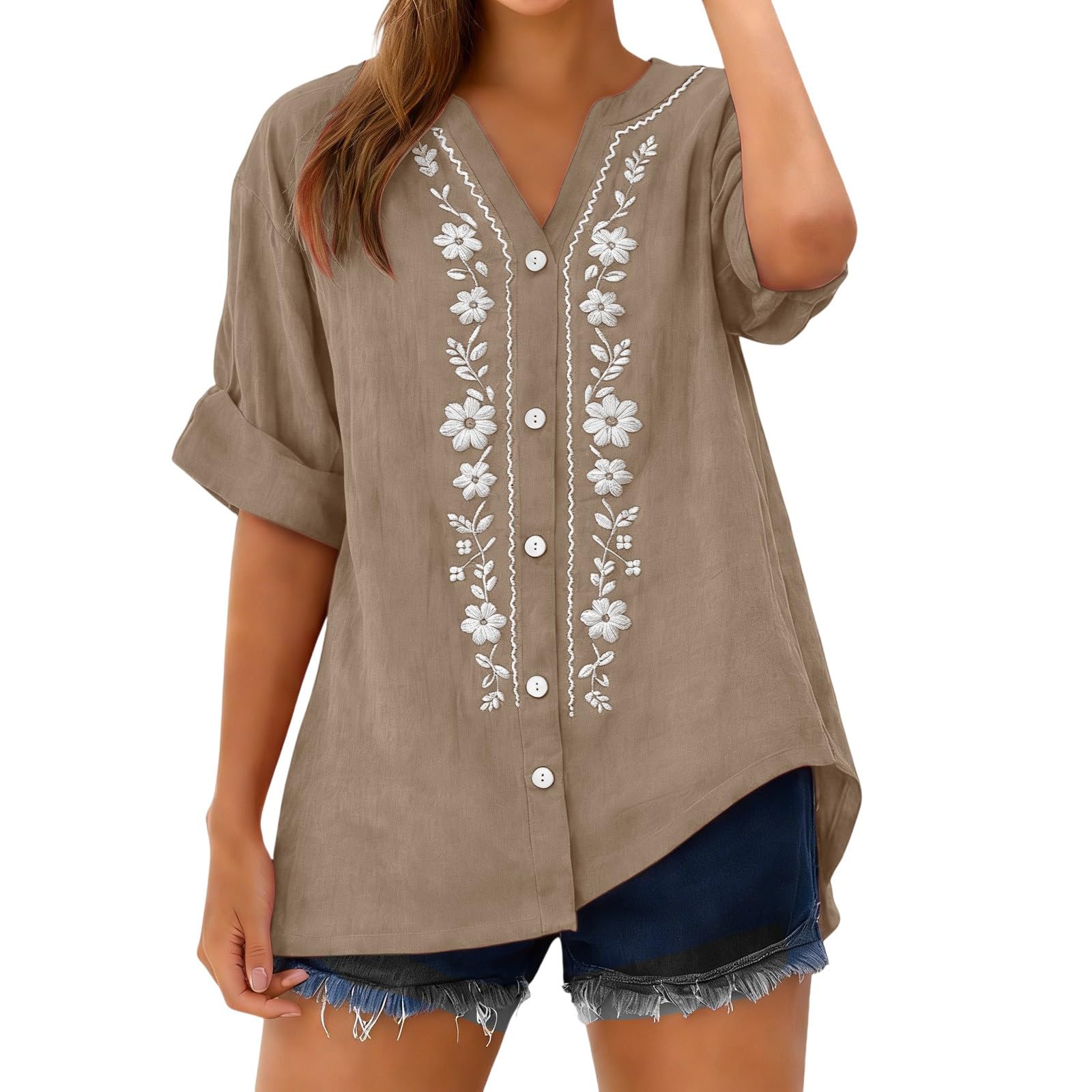 Linen Shirts for Women - Summer Plus Size Embroidered Tops 3/4 Sleeve V Neck Button Blouses Beach Vacation Clothes