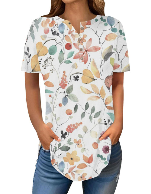 Load image into Gallery viewer, Henley Shirts for Women Buttons Round Neck Boho T-Shirts Short Sleeve Fancy Floral Print Tunic Tops Summer Loose Tees
