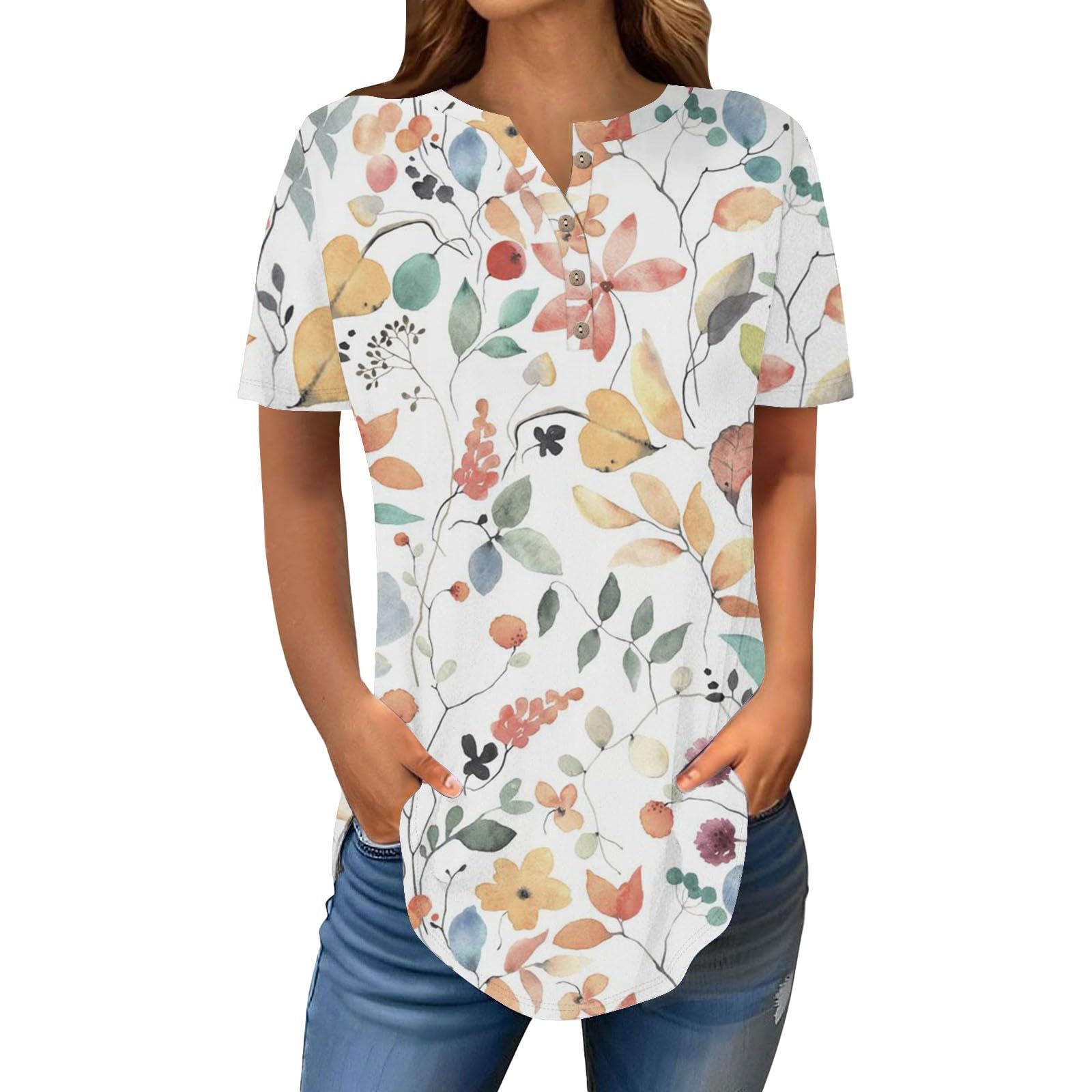 Henley Shirts for Women Buttons Round Neck Boho T-Shirts Short Sleeve Fancy Floral Print Tunic Tops Summer Loose Tees