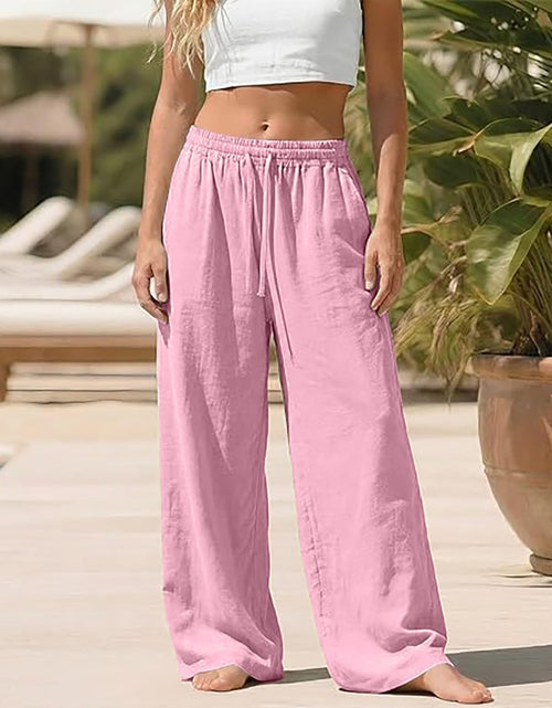 Load image into Gallery viewer, Linen Pants for Women - Wide Leg Elastic High Waist Casual Cotton Linen Pants Drawstring Plus Size Loose Trouser
