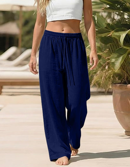 Load image into Gallery viewer, Linen Pants for Women - Wide Leg Elastic High Waist Casual Cotton Linen Pants Drawstring Plus Size Loose Trouser
