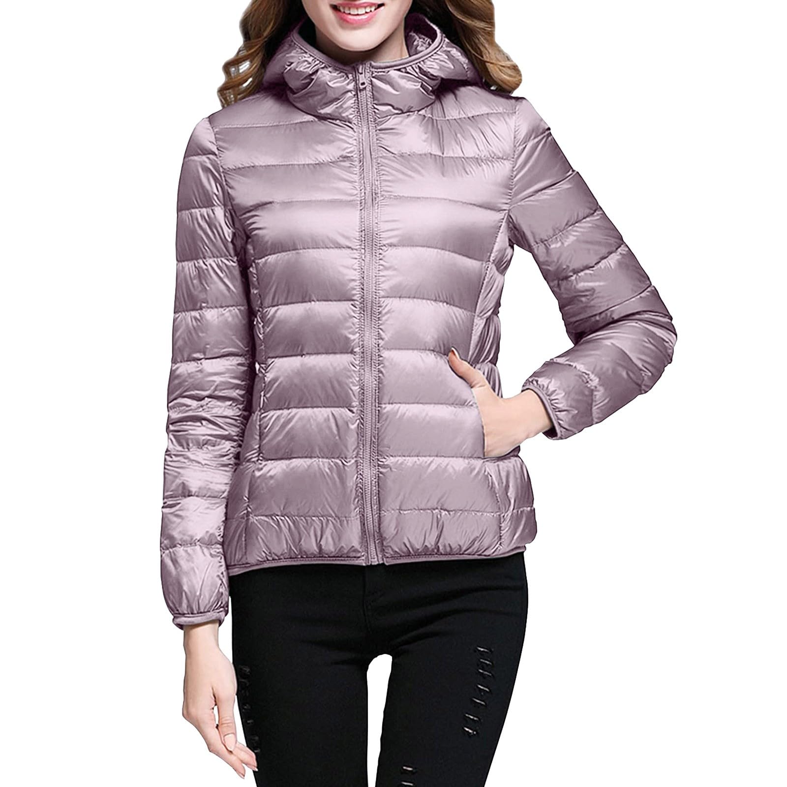 Lightweight Jacket for Women Short Button Down Hooded Jackets Trendy Slim Fit Bubble Coat Winter Warm Puffer Outwear