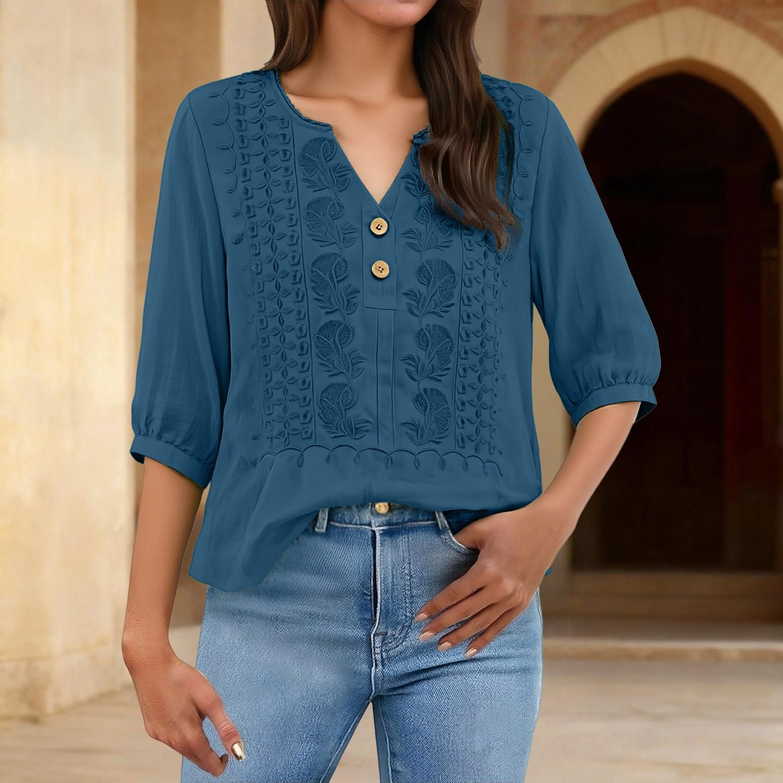 Embroidered Linen Shirts for Women 3/4 Sleeve Gauze V Neck Blouses Tops Casual Spring Summer Boho Cotton Clothes