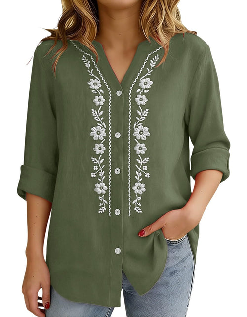 Load image into Gallery viewer, Linen Shirts for Women - Summer Plus Size Embroidered Tops 3/4 Sleeve V Neck Button Blouses Beach Vacation Clothes
