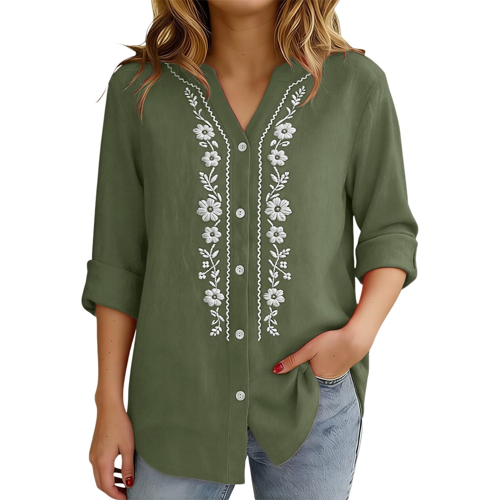 Linen Shirts for Women - Summer Plus Size Embroidered Tops 3/4 Sleeve V Neck Button Blouses Beach Vacation Clothes