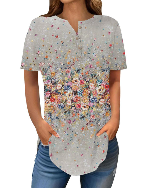 Load image into Gallery viewer, Henley Shirts for Women Buttons Round Neck Boho T-Shirts Short Sleeve Fancy Floral Print Tunic Tops Summer Loose Tees
