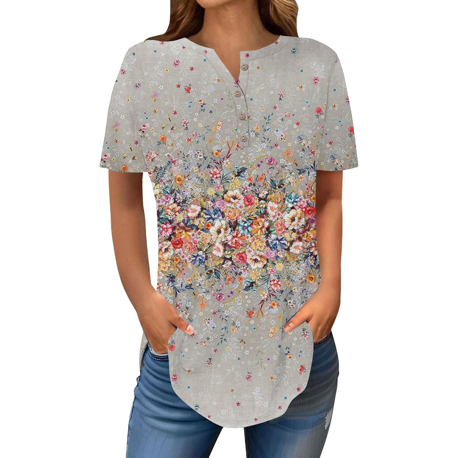 Henley Shirts for Women Buttons Round Neck Boho T-Shirts Short Sleeve Fancy Floral Print Tunic Tops Summer Loose Tees
