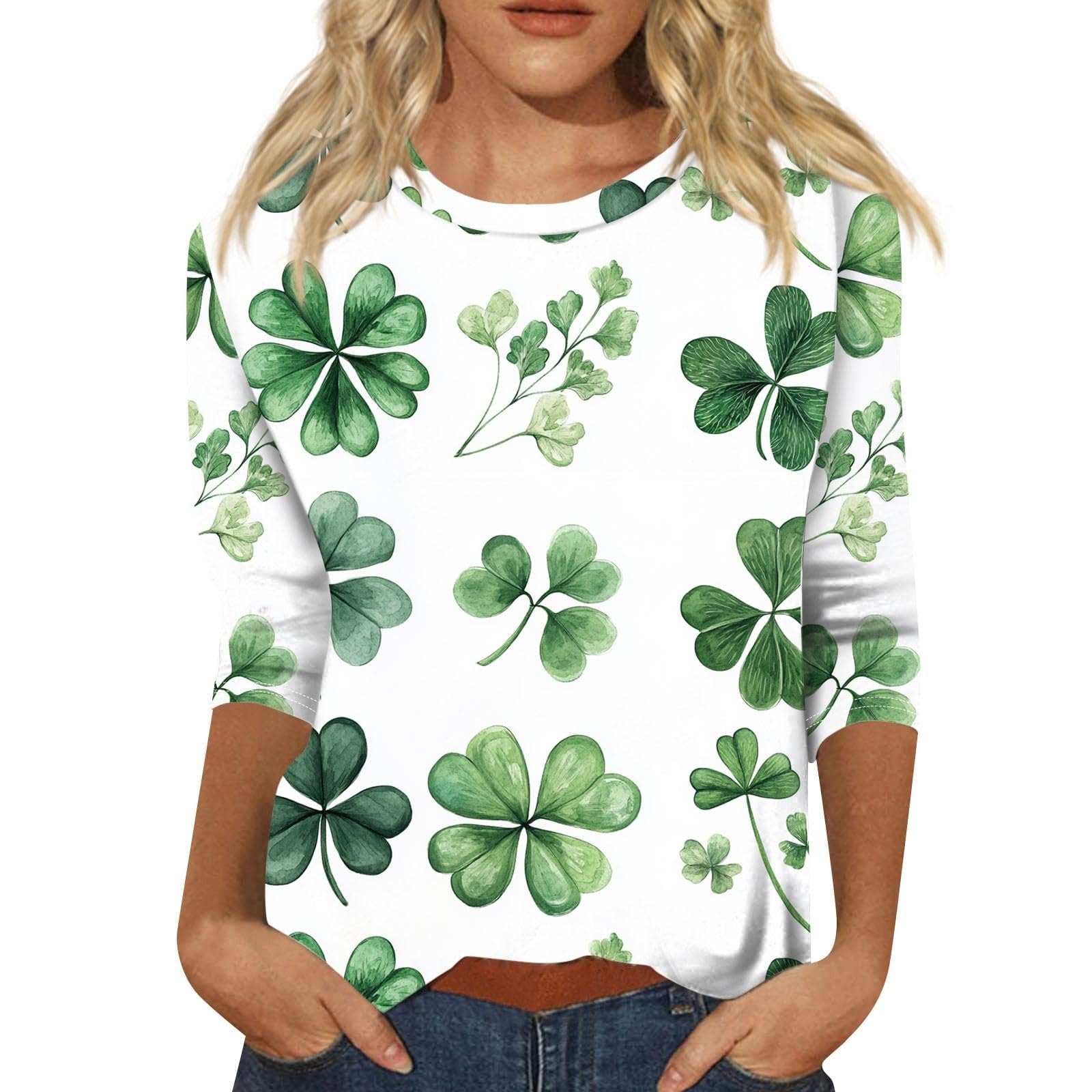 St Patricks Day Shirt Women 2025 Casual Plus Size 3/4 Sleeve Irish Clover Shirts Funny Saint Patrick's Tunic Tops