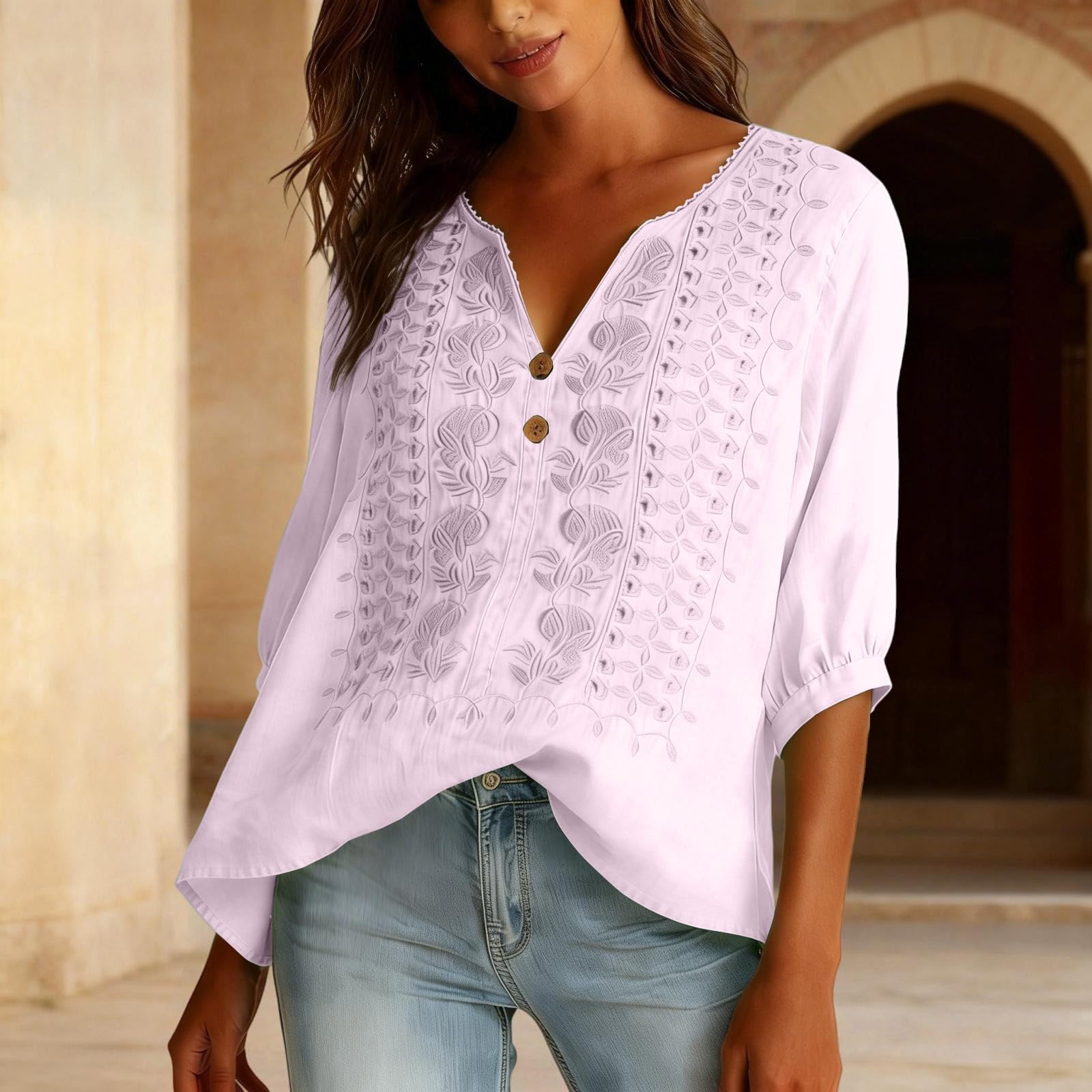 Embroidered Linen Shirts for Women 3/4 Sleeve Gauze V Neck Blouses Tops Casual Spring Summer Boho Cotton Clothes