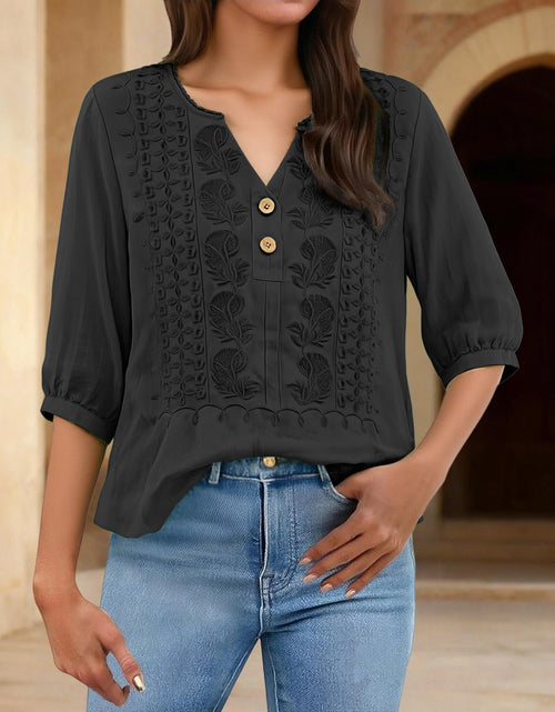 Load image into Gallery viewer, Embroidered Linen Shirts for Women 3/4 Sleeve Gauze V Neck Blouses Tops Casual Spring Summer Boho Cotton Clothes
