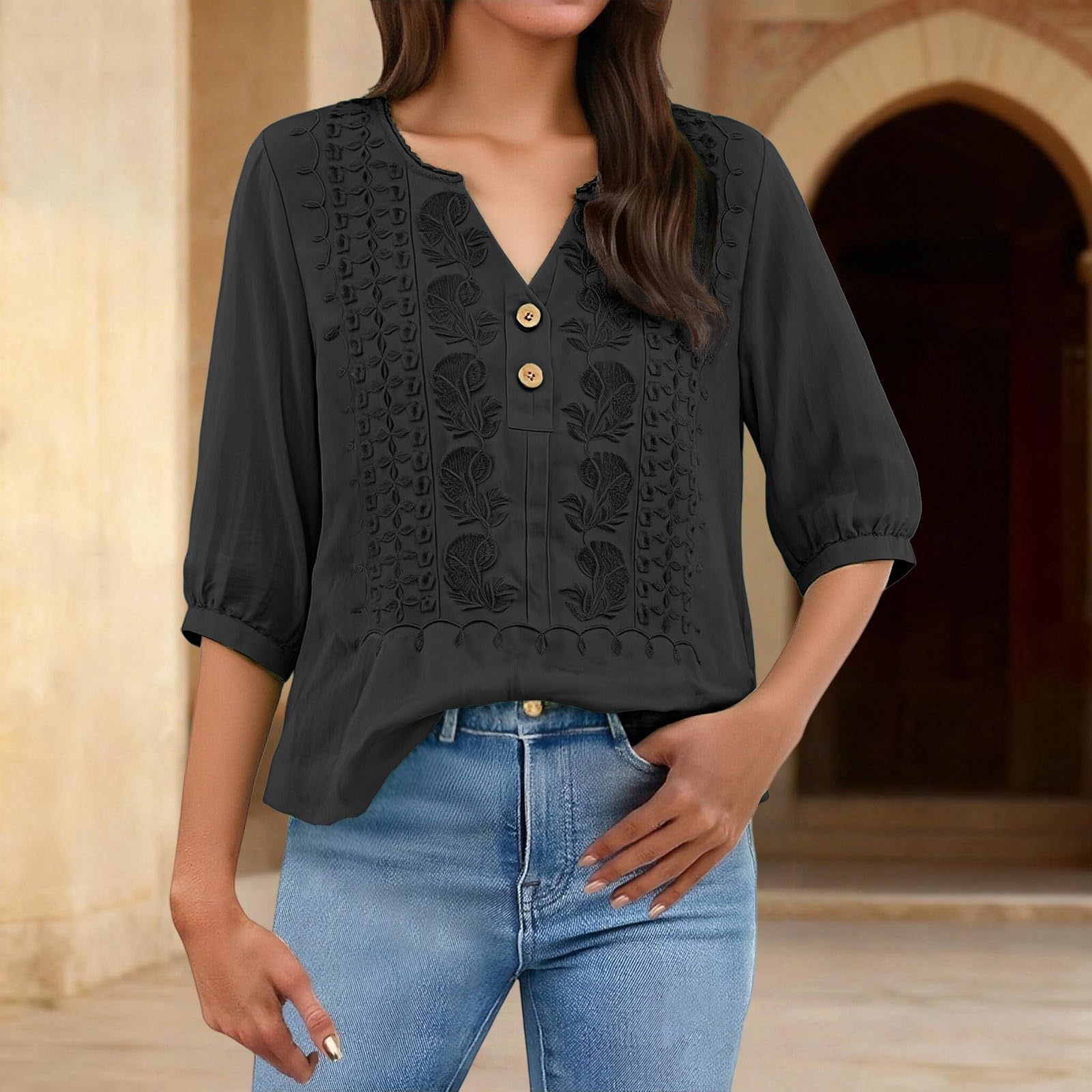Embroidered Linen Shirts for Women 3/4 Sleeve Gauze V Neck Blouses Tops Casual Spring Summer Boho Cotton Clothes