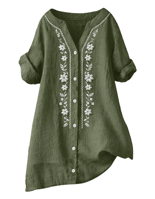 Load image into Gallery viewer, Linen Shirts for Women - Summer Plus Size Embroidered Tops 3/4 Sleeve V Neck Button Blouses Beach Vacation Clothes
