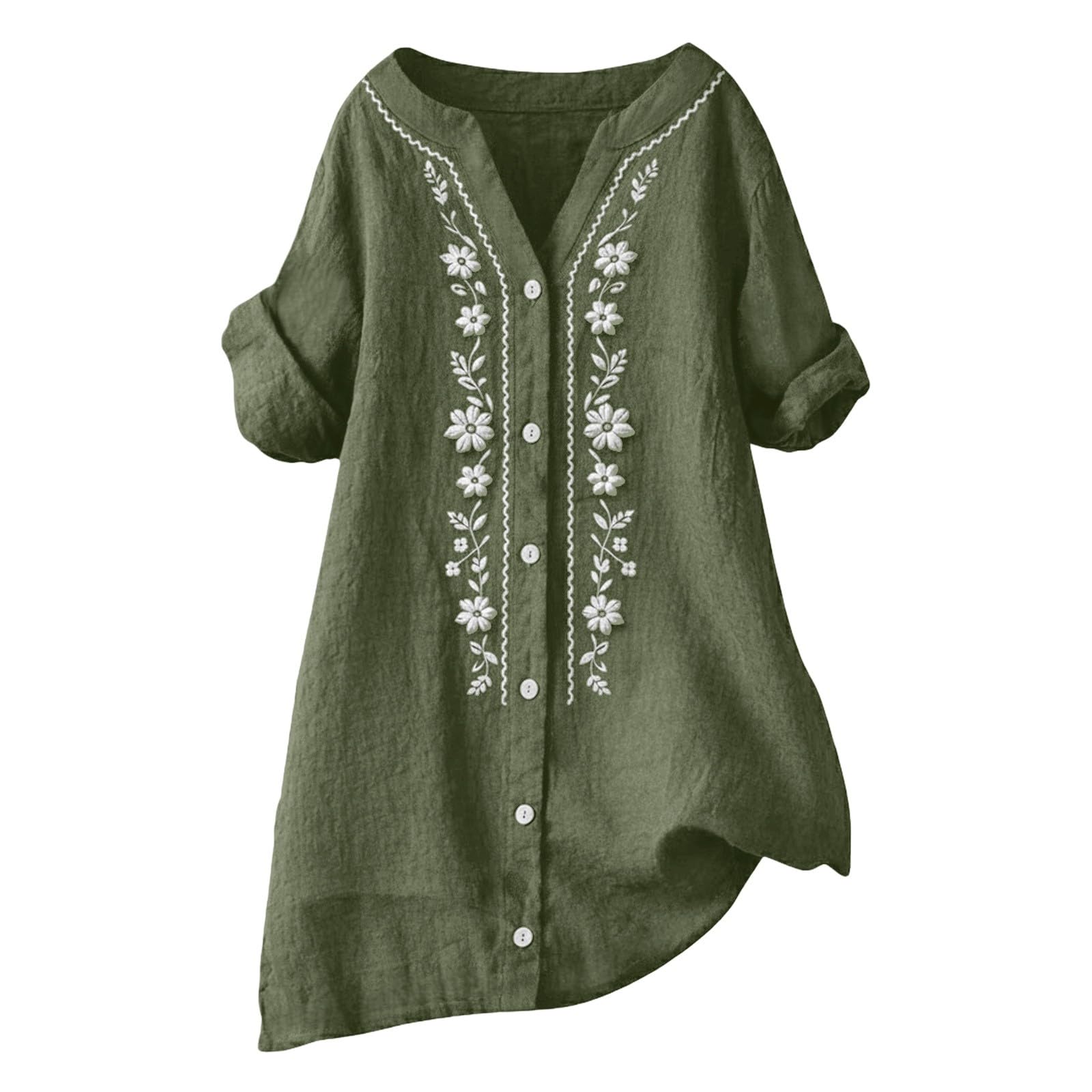 Linen Shirts for Women - Summer Plus Size Embroidered Tops 3/4 Sleeve V Neck Button Blouses Beach Vacation Clothes