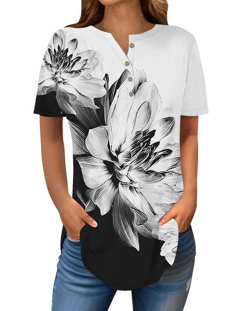 Load image into Gallery viewer, Henley Shirts for Women Buttons Round Neck Boho T-Shirts Short Sleeve Fancy Floral Print Tunic Tops Summer Loose Tees
