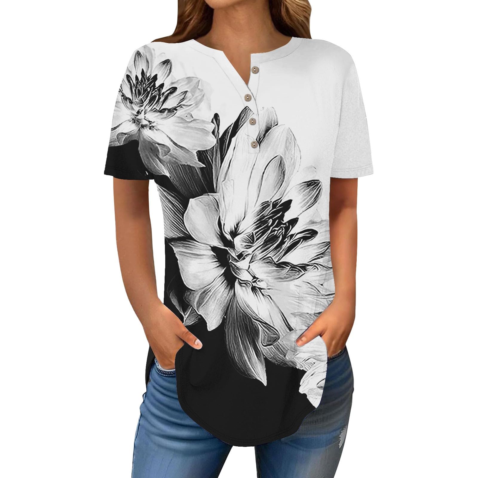 Henley Shirts for Women Buttons Round Neck Boho T-Shirts Short Sleeve Fancy Floral Print Tunic Tops Summer Loose Tees