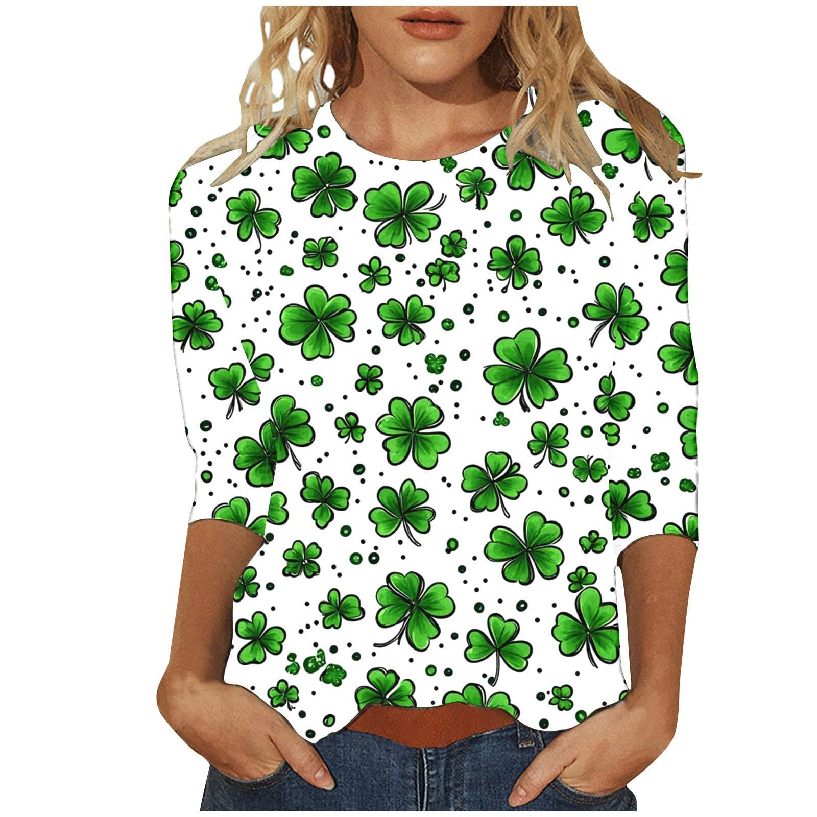 St Patricks Day Shirt Women 2025 Casual Plus Size 3/4 Sleeve Irish Clover Shirts Funny Saint Patrick's Tunic Tops