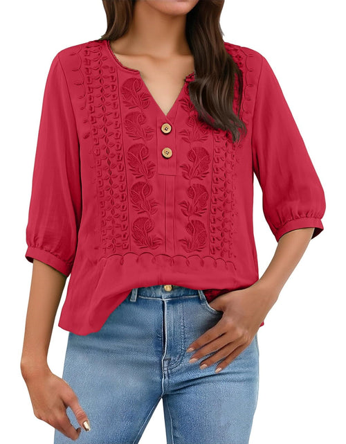 Load image into Gallery viewer, Embroidered Linen Shirts for Women 3/4 Sleeve Gauze V Neck Blouses Tops Casual Spring Summer Boho Cotton Clothes
