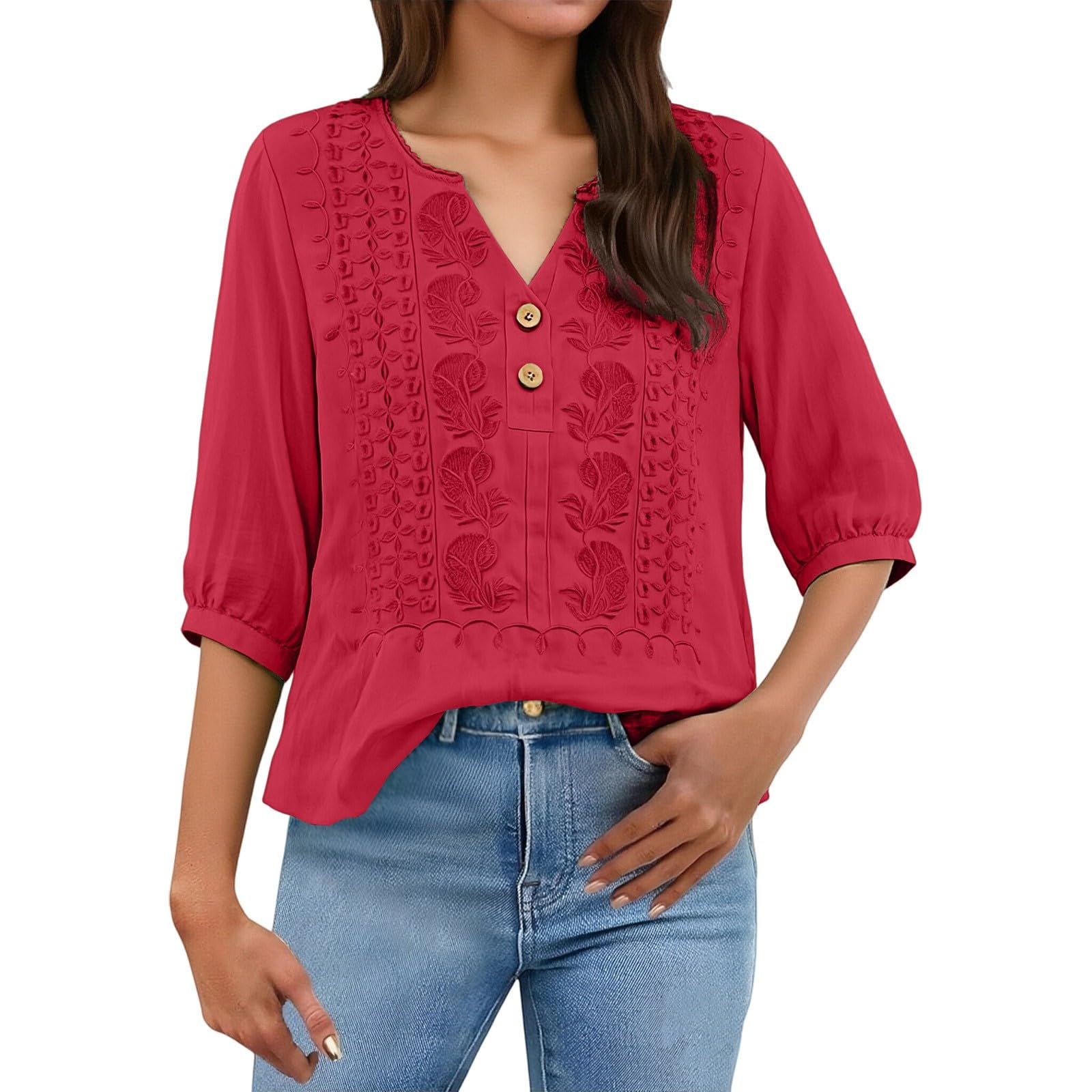 Embroidered Linen Shirts for Women 3/4 Sleeve Gauze V Neck Blouses Tops Casual Spring Summer Boho Cotton Clothes