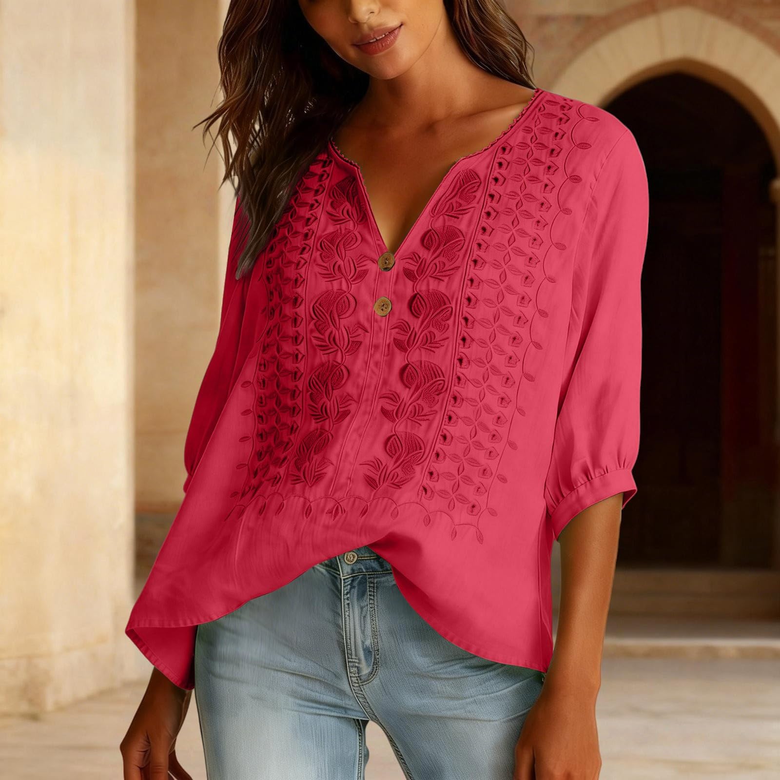 Embroidered Linen Shirts for Women 3/4 Sleeve Gauze V Neck Blouses Tops Casual Spring Summer Boho Cotton Clothes