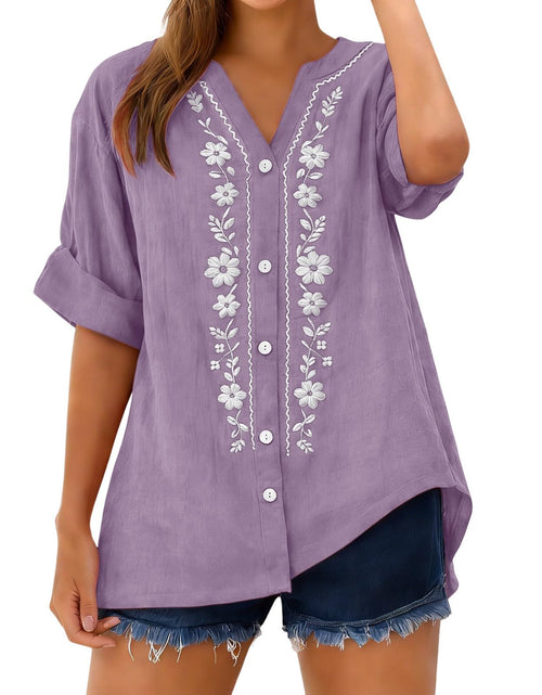 Load image into Gallery viewer, Linen Shirts for Women - Summer Plus Size Embroidered Tops 3/4 Sleeve V Neck Button Blouses Beach Vacation Clothes
