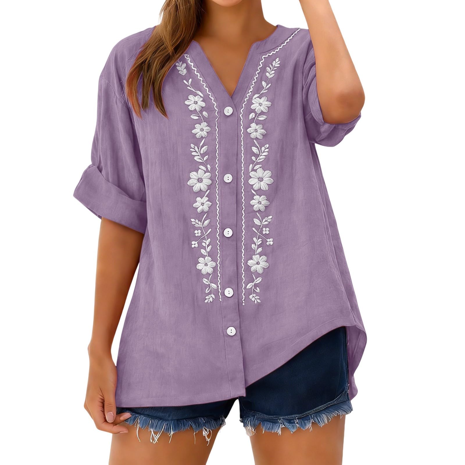 Linen Shirts for Women - Summer Plus Size Embroidered Tops 3/4 Sleeve V Neck Button Blouses Beach Vacation Clothes