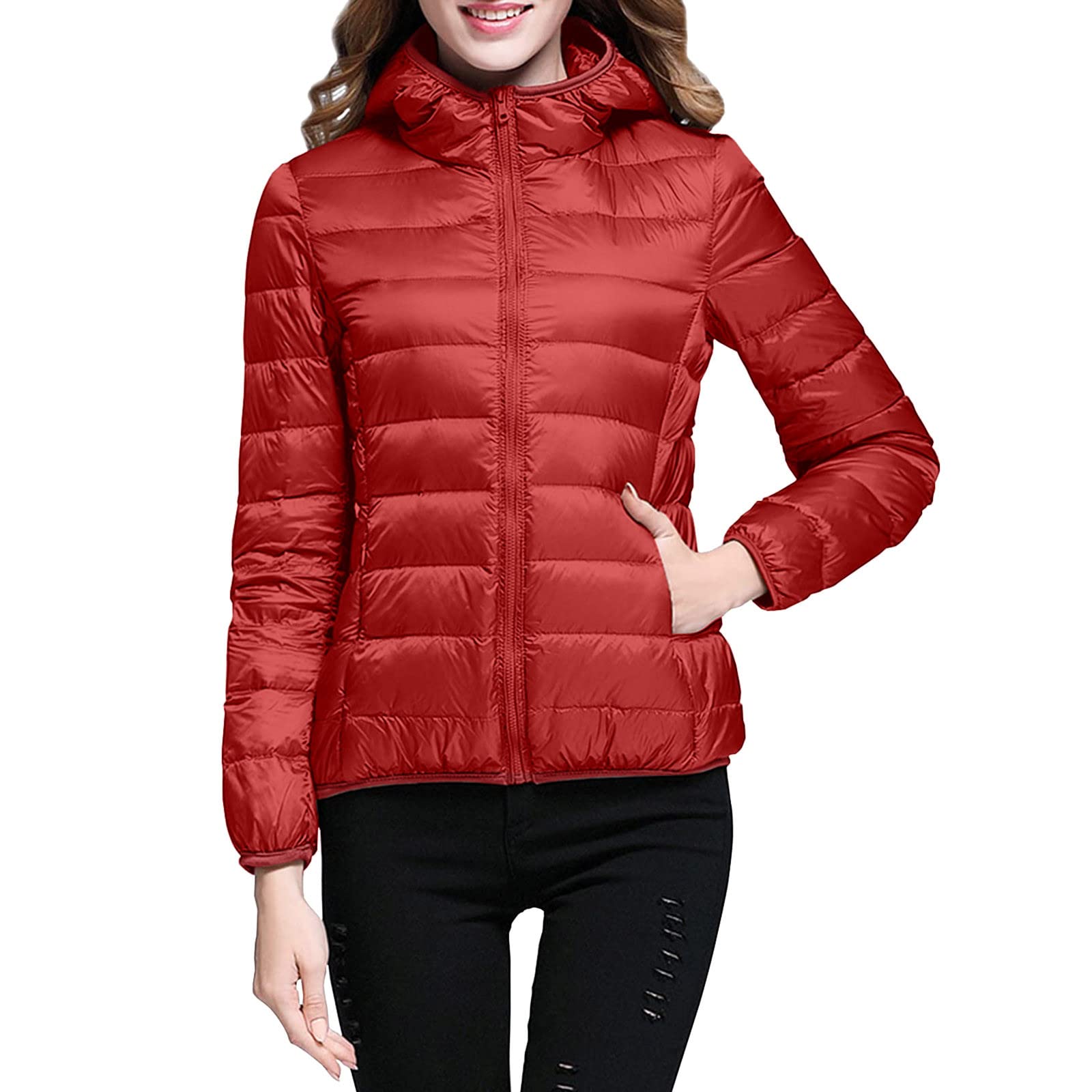 Lightweight Jacket for Women Short Button Down Hooded Jackets Trendy Slim Fit Bubble Coat Winter Warm Puffer Outwear