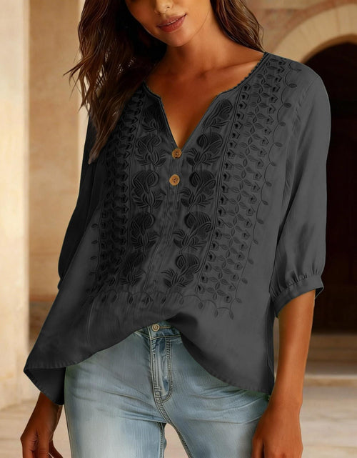 Load image into Gallery viewer, Embroidered Linen Shirts for Women 3/4 Sleeve Gauze V Neck Blouses Tops Casual Spring Summer Boho Cotton Clothes
